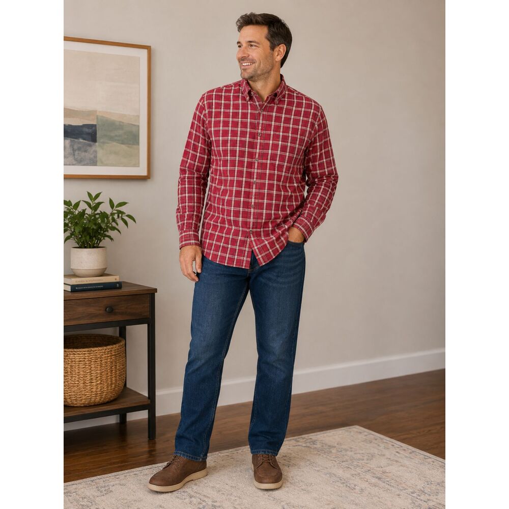 Indian Terrain Mens Size Medium Maroon Plaid Slim Fit Shirt Long Sleeve Casual